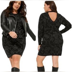 Torrid NWT Mini Jacquard Bodycon Stretch Dress Black Floral Long Sleeve